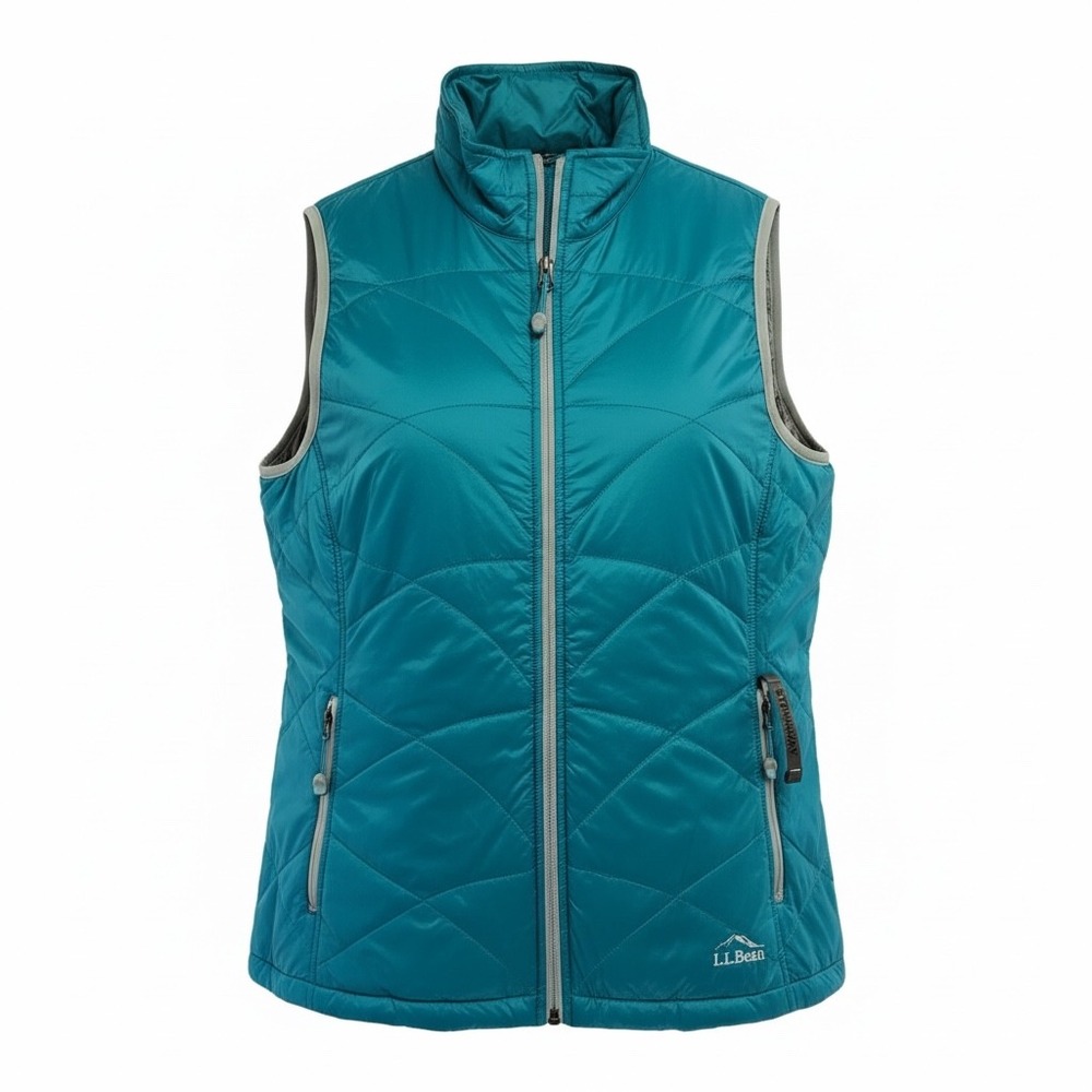 LL Bean Womens Large Teal Blue Stowaway Quilted Insulated Full Zip Vest (i46)